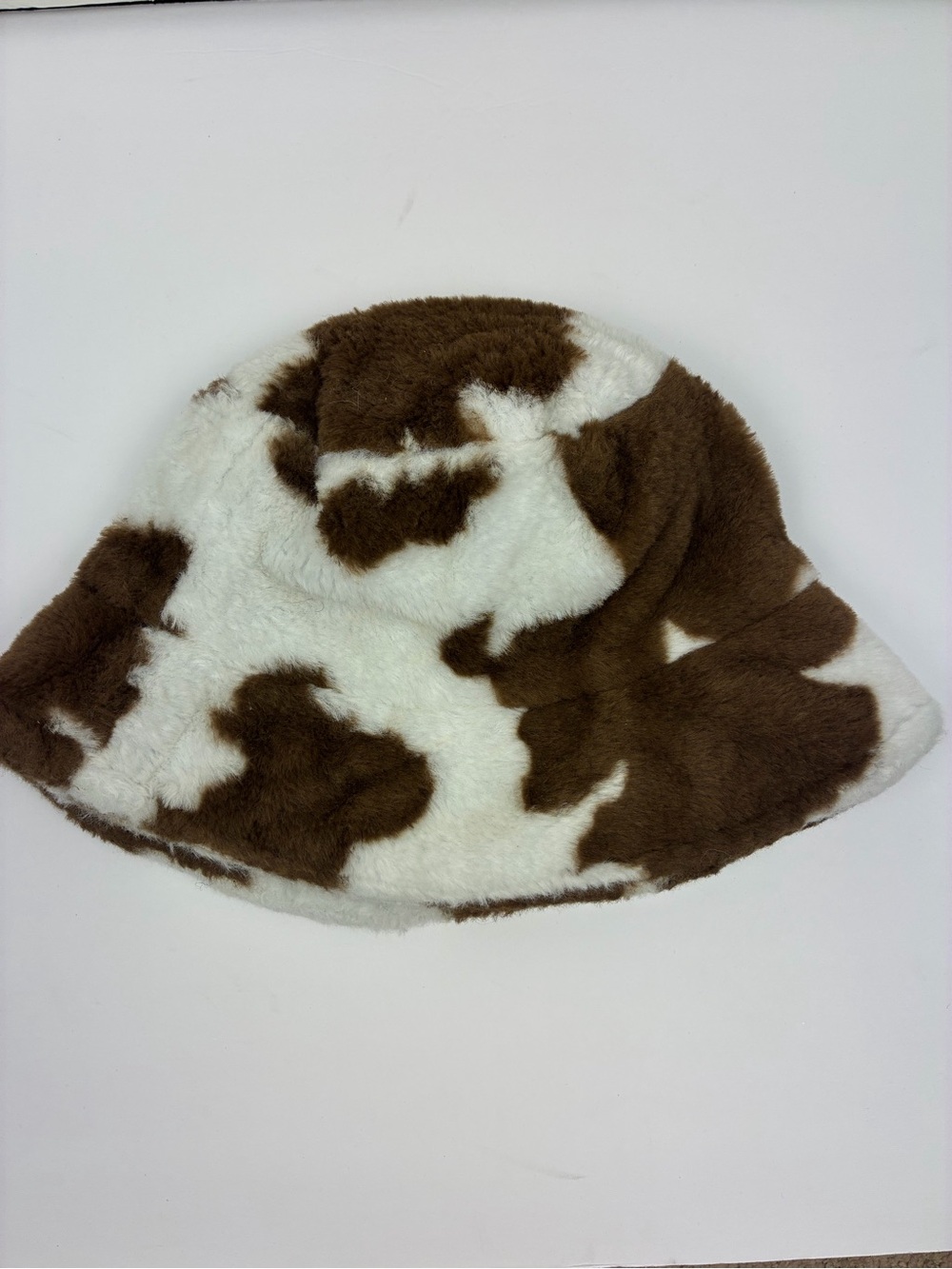 Kids Faux Fur Cow Print Bucket Hat - Brown & White